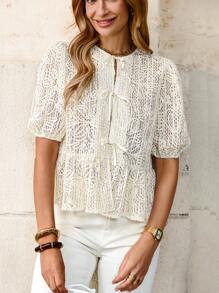 Solivie Women Loose Apricot Embroidered Hollow-Out Drawstring Round Neck Short Sleeve Shirt Summer Outfits For Women Country Outfits Women Summer Clothes Women Vacation Outfits Women