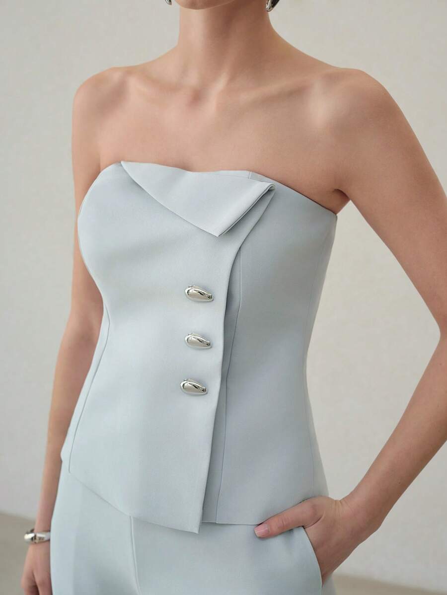 MOTF PREMIUM 正面纽扣抹胸上衣 - 藍色 - 查看 2