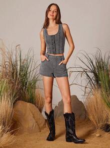 WESTFADE 西部牛仔女铆钉圆领前纽扣无袖修身牛仔背心春假可爱上衣 - 深灰色 - 查看 5