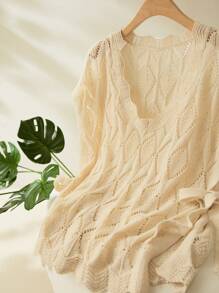 SHEIN Frenchy Plus Size Casual Vacation Hollow-Out Knitted Sleeveless Pullover Sweater Fall/Winter - Apricot - View 5