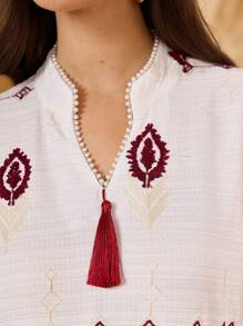 Al Najma 女式几何印花拼布流苏长袖阿拉伯风格 Jalabiya 连衣裙，阿拉伯连衣裙，端庄 - 白色 - 查看 6