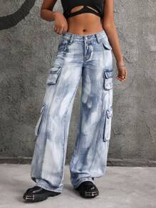 SHEIN ICON Quần Jeans Denim Ống Rộng Túi Hộp Thường Ngày Cho Nữ - Màu xanh lam - Xem 3