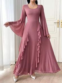 Modelyn Women's Long Ruffled Bell Sleeve Elastic Elegant Romantic Mesh Dress
