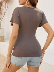 SHEIN Maternity Solid Color V-Neck Batwing Short Sleeve Pleated Casual T-Shirt