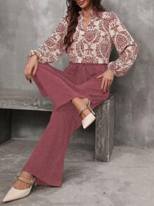 SHEIN Clasi Retro Printed Random Cut-Out Neck Lantern Sleeve Shirt And Long Pants 2 Pieces Set - Pink - View 4