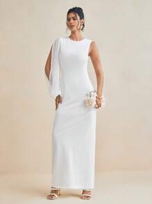 ODELIAR Designer White Transparent Chiffon Bishop Long Sleeve Elegant Maxi Dress, Concert Outfit, Rave, Wedding, Prom Dress - White - View 3