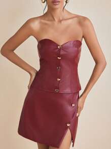 MODERRE Designer Burgundy PU Leather Strapless Corset Top With Gold Heart Buttons - Burgundy - View 5