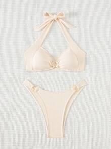 SHEIN Swim 夏季海滩女士纯色吊带胸罩和泳裤比基尼套装泳衣棕色比基尼两件套比基尼