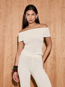 AiiRZ Conjunto de ropa de estar en casa de dos piezas de punto esponjoso con hombros descubiertos, pantalones acanalados de pierna ancha de cintura alta y coordinado cálido para la temporada festiva