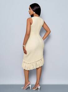 SOLERSUN Women's Spring/Summer Solid Color Elegant Beach Vacation Sleeveless Fringe Asymmetrical Hem Bodycon Midi Dresses Fringe Dress - Apricot - View 2