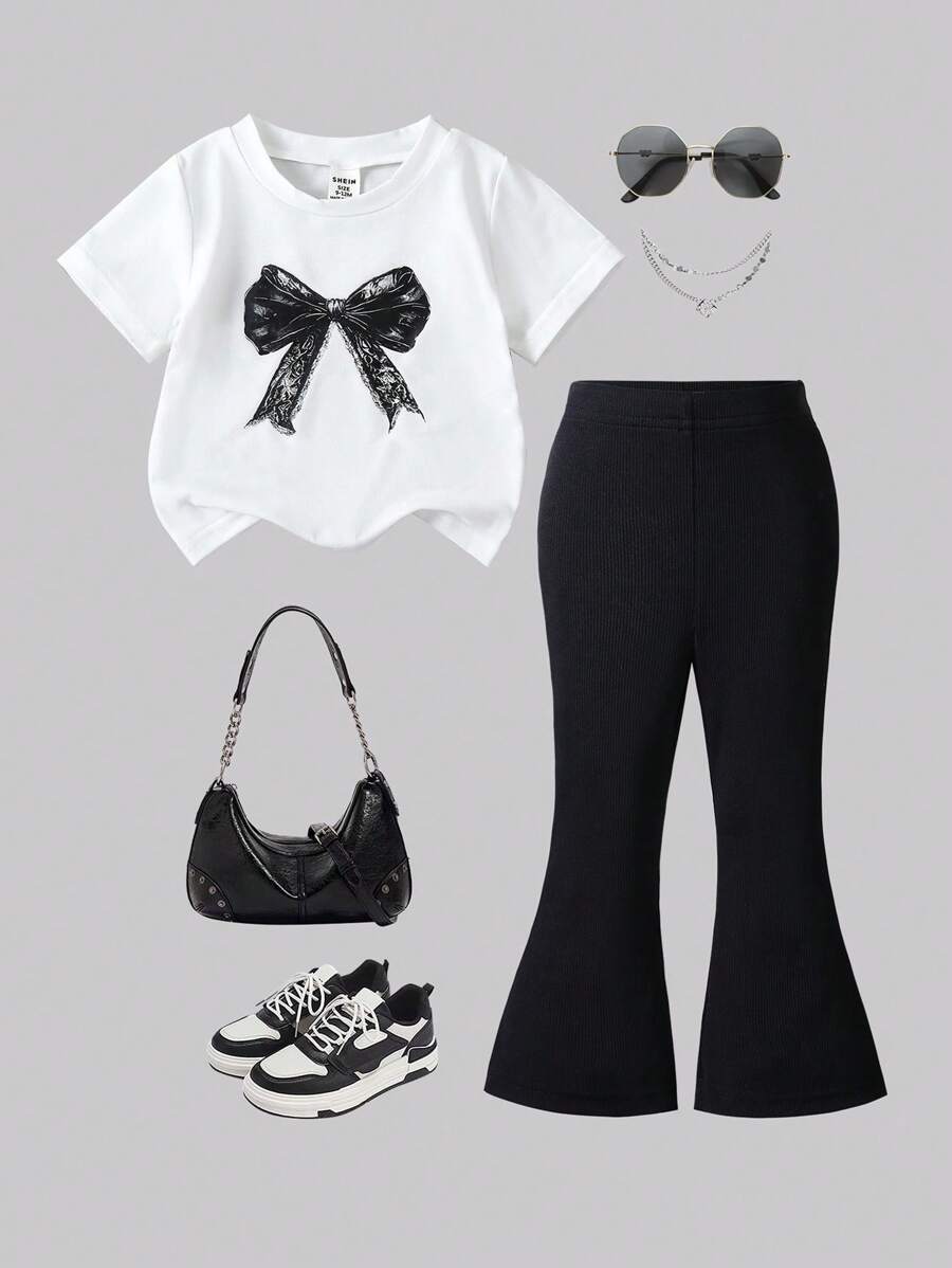 两件套女婴宽松舒适仿蕾丝蝴蝶结印花短袖上衣 + 罗纹针织喇叭裤，夏季