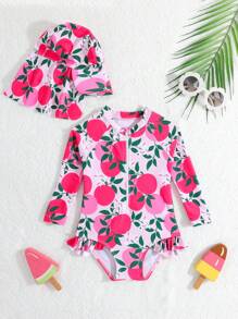SHEIN Baby Girls Ruffled One-Piece Swimsuit With Random Print, Including Hat (Swimwear)