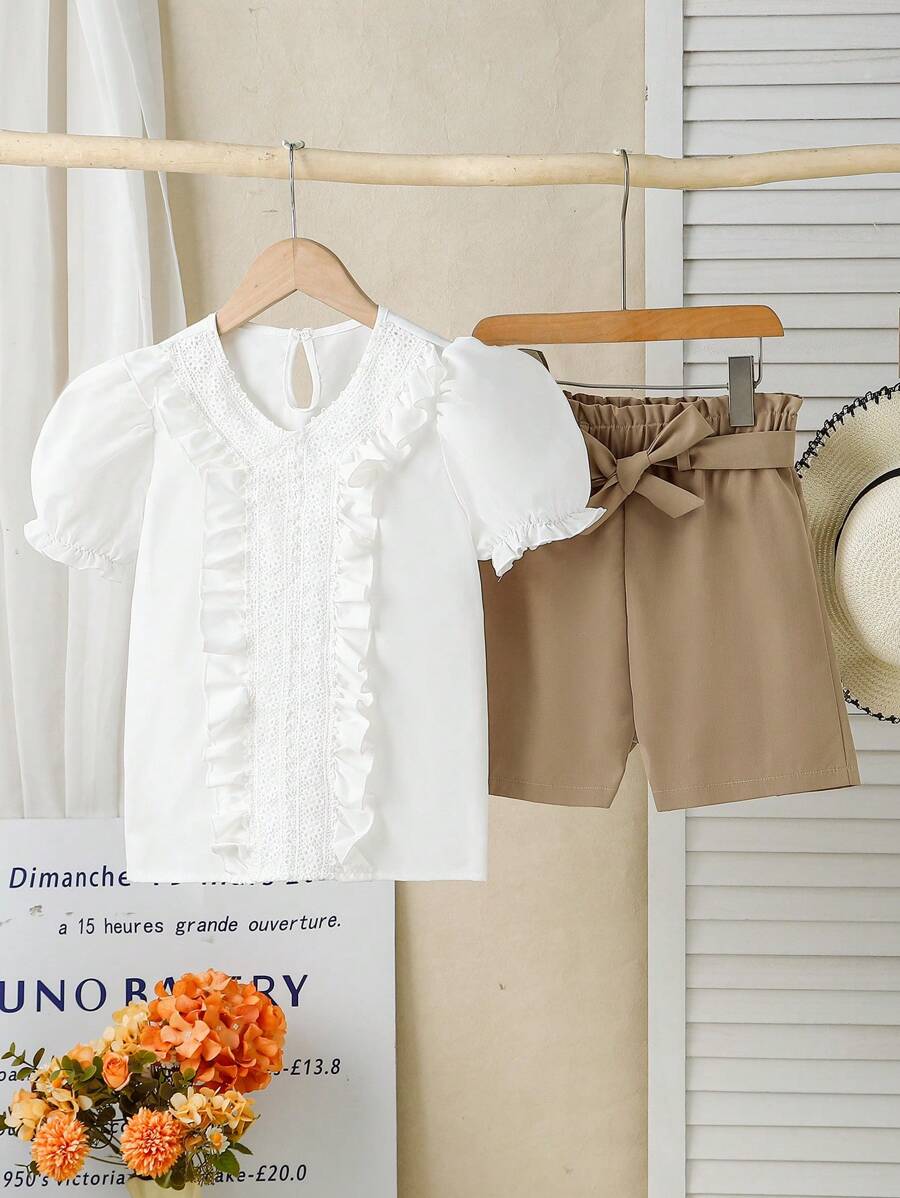 2pcs/Set Tween Girls Ruffle Accent Puff Sleeve Top In White & Khaki Shorts With Belt - Multicolor - View 1