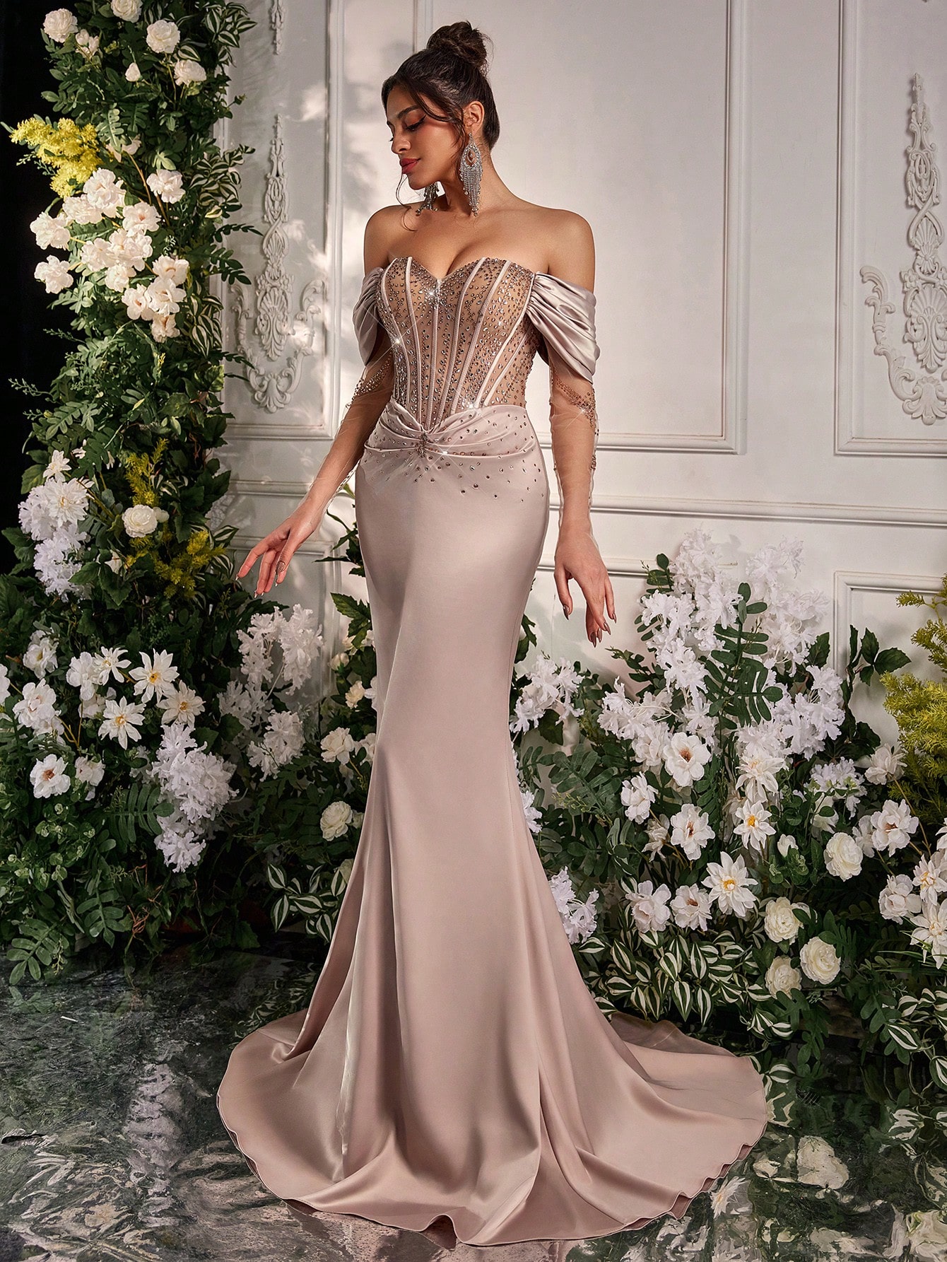 Glamrae فستان ميرميد أنيق ومرصع بالراينستون والحري...