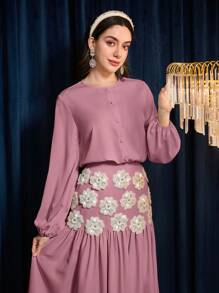 Modelyn 2 件套女士单排扣灯笼袖衬衫和花朵装饰 A 字裙套装 - 中紫紅色 - 查看 2