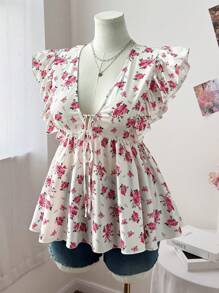 Flirla Fashionable Floral Print V-Neck Ruffle Trim Blouse With Cap Sleeves - Multicolor - View 3