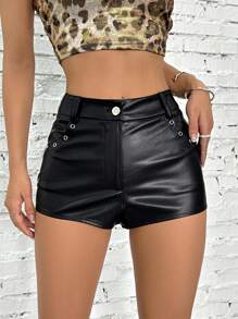 SHEIN EZwear Women's Fashionable Versatile Solid Color Mini Shorts - Black - View 3