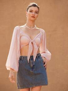 SHEIN Privé Blusa de manga larga con cordones en la espalda y acabado metálico en color rosa para mujeres - Rosa - Ver 3