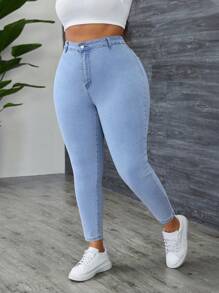 Slaydiva Plus Size Washed High Waist Slim-Fit Jeans - Baby Blue - View 1