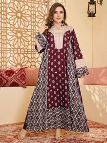 Al Najma Plus Size Elegant V-Neck Floral Patchwork Dress - Multicolor - View 1