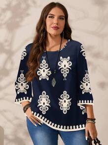 EMERY ROSE Plus Size Women Floral Retro Print Casual Loose Fit Three Quarter Sleeve Round Neck Shirt, Autumn/Winter