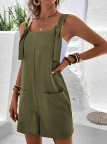 EMERY ROSE 1pc Women's Solid Color Double Pockets Design Casual Loose Romper - Army Green - View 4