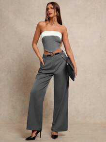 Glamine Pantalones casuales de oficina rectos y anchos con bolsillos para mujer - Gris Oscuro - Ver 3