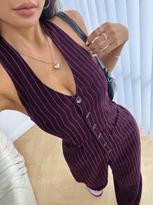 SHEIN Unity Women's Button Front Halter Neck Striped Casual Jumpsuit Fall Cloth For Women - Multicolor - View 3