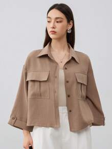 Dazy-Less Women's Loose Casual Business Style Short Sleeve Shirt Old Money Style Linen Preppy Tops - Camel - View 6