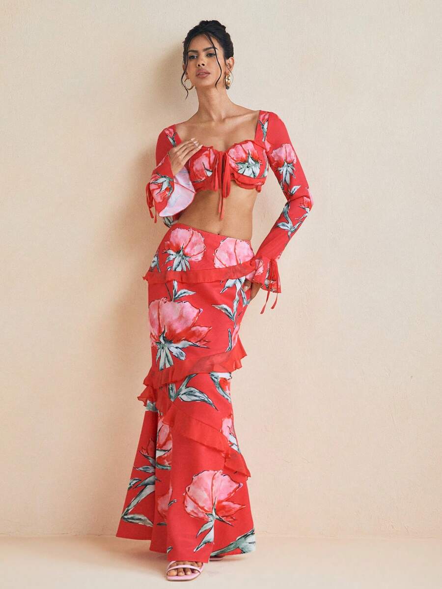 Becci Designer Floral Printed Flared Sleeve Top & Rffled Hem And Maxi Skirt Set Elegant Spring Vacation, Spring Break, Ibiza Fits