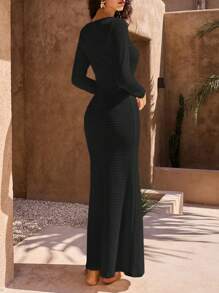 Opulessa Herbst und Winter Weihnachten Hochzeit Cocktail Party formelles Kleid 1 Stück Damen einfarbig gestrickt V-Ausschnitt Langarm Fischschwanz Kleid, für den Urlaub