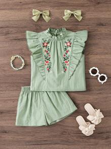 SHEIN 2pcs/Set Young Girl Woven Solid Color Round Neck Fitted Top And Shorts Set