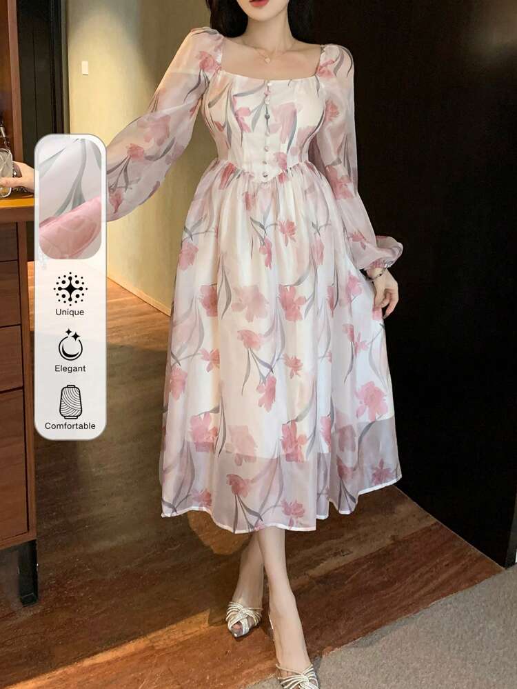 Women's Square Neck Ditsy Floral Short Sleeve Dress Valentine Valentine's Day,Fall Dress Long Sleeve Dress Vacation Outfits Women Easter