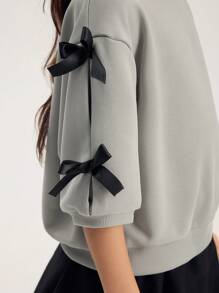 SHEIN Tween Girls 2 件套 - 灰色褶皱灯笼袖上衣配装饰蝴蝶结，黑色短款泡泡裙，适合上学、郊游、运动、春夏季 - 彩色 - 查看 4
