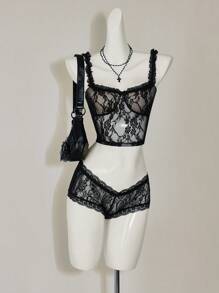 SHEIN ICON 超低腰蝴蝶结蕾丝黑色短裤 - 黑色 - 查看 1