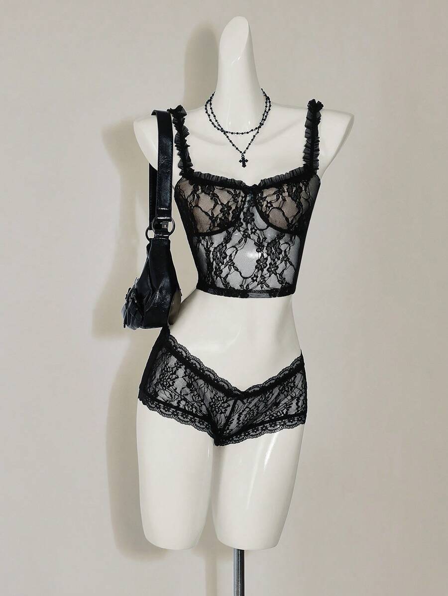 SHEIN ICON 超低腰蝴蝶结蕾丝黑色短裤 - 黑色 - 查看 1