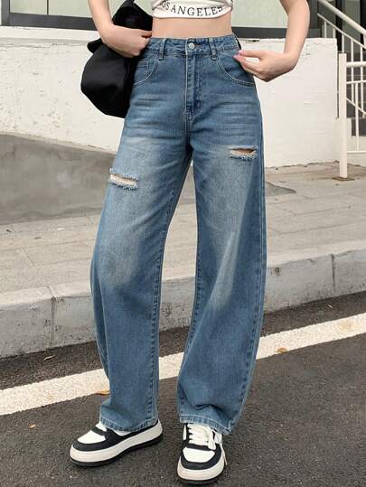 FRIFUL Women Loose Fit Casual Straight-Leg Jeans With Ripped Holes And Pockets,Back To School Clothes