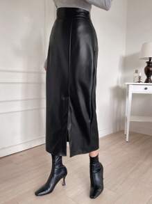 DAZY 女士PU材质长款开衩半身裙，女士晚秋优雅开衩半身裙，拉链中长款常规版型超高腰黑色纯色女裙，休闲日常穿着，铅笔裙皮裙