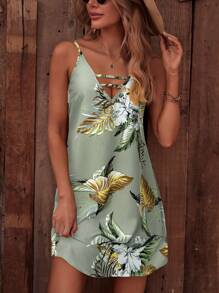 SHEIN LUNE Váy ngủ in họa tiết cây nhiệt đới cho nữ khi đi nghỉ - Màu xanh Bạc hà - Xem 3