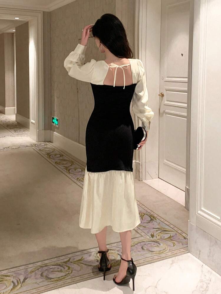 Color Block Square Neck Long Sleeve Mermaid Hem Sweater Dress For Women Prom Dress,Ruffle,Fall Clothes