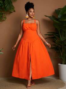 Maweii Đầm thường ngày không tay màu trơn cỡ lớn - trái cam - Xem 7