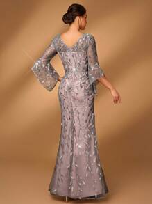 Serin Elegant And Gorgeous Gray Contrast Pink Luxury Sequin Embroidery V-Neck Asymmetric Lotus Leaf Mid-Sleeve Micro Fishtail Suitable For Dinner Bachelor Party Prom Music Festival Wedding Event Mother Of The Bride Dress - Grey - View 3