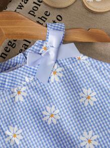 女婴雏菊印花格子 V 领无袖背心和短裤 2 件套，春夏