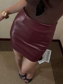DAZY 女士纯色修身优雅半身裙，适合所有季节 - 酒紅色 - 查看 8