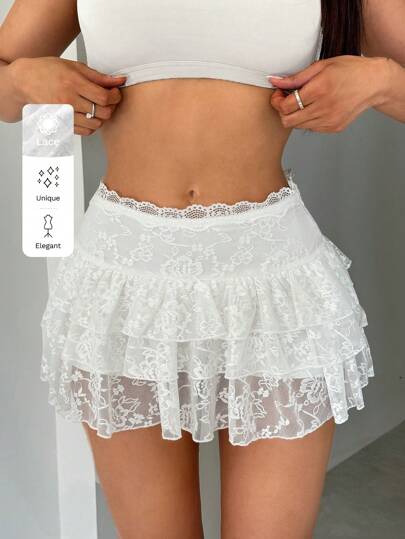 SHEIN SXY Women White Lace Skirt Summer Clothes Peplum Skirt