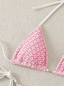 Swim Mod Women's Floral Print Halter Tie Side Bikini Swimwear Set For Summer Beach Vacation - Pink - View 3