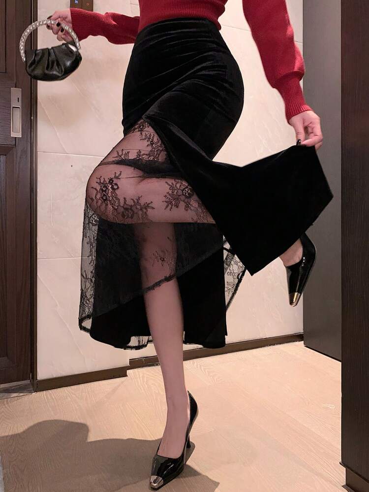 Women's Solid Color Lace Patchwork Casual Velvet A-Line Skirt, Autumn/Winter