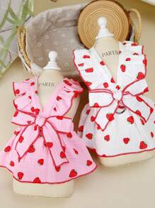 PETSIN 白色荷叶边蝴蝶结点缀草莓印花宠物连衣裙，可爱活泼，适合春夏季