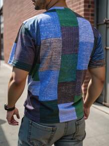 Manfinity Homme Camiseta casual de cuello redondo de manga corta con estampado patchwork para hombre de talla grande - Multicolor - Ver 2