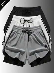 Manfinity Sport PWRUP Men's Striped Print Drawstring Waist Pockets Sports Shorts Grey Shorts